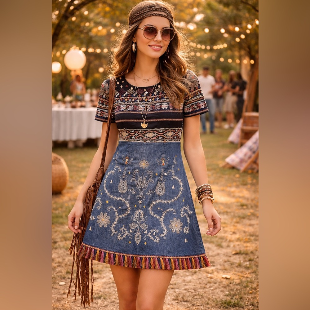 Christina Multicolor Embroidered Midi Dress Women Size M (10) Boho, Festival